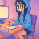 Illustration of Shara drawing at her desk in a cozy pastel room — OtomeScape AI art created using ChatGPT's WALL-E tool