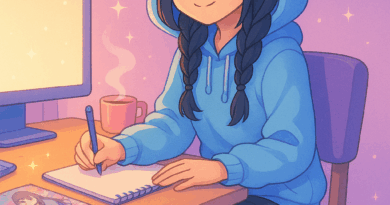 Illustration of Shara drawing at her desk in a cozy pastel room — OtomeScape AI art created using ChatGPT's WALL-E tool