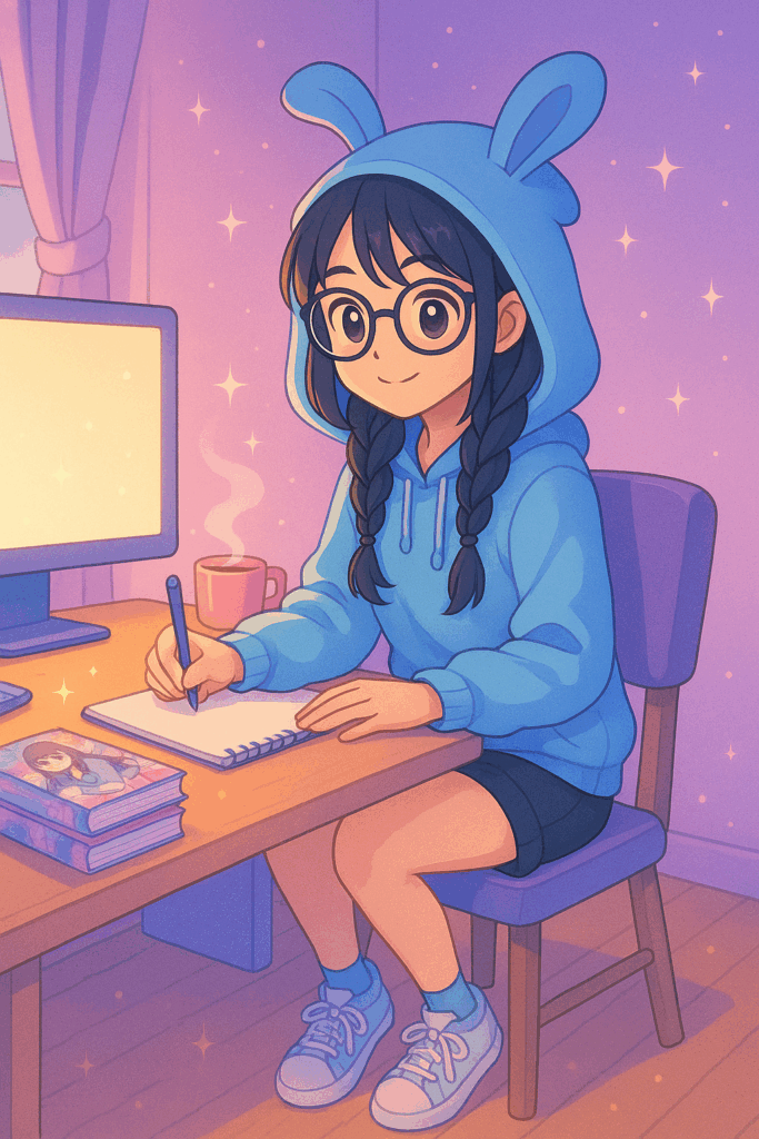 Illustration of Shara drawing at her desk in a cozy pastel room — OtomeScape AI art created using ChatGPT's WALL-E tool