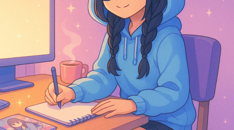 Illustration of Shara drawing at her desk in a cozy pastel room — OtomeScape AI art created using ChatGPT's WALL-E tool