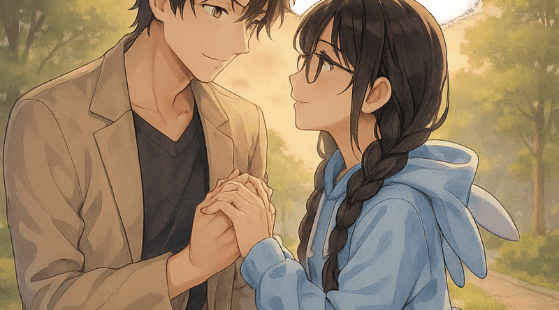 anime couple holding hands at sunset